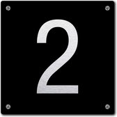 Huisnummerbord - huisnummer 2 - zwart - 12 x 12 cm - rvs look - schroeven - naambordje - nummerbord  - voordeur