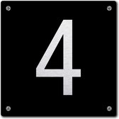 Huisnummerbord - huisnummer 4 - zwart - 12 x 12 cm - rvs look - schroeven - naambordje - nummerbord  - voordeur