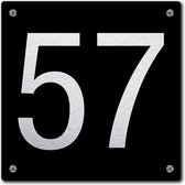 Huisnummerbord - huisnummer 57 - zwart - 12 x 12 cm - rvs look - schroeven - naambordje - nummerbord  - voordeur
