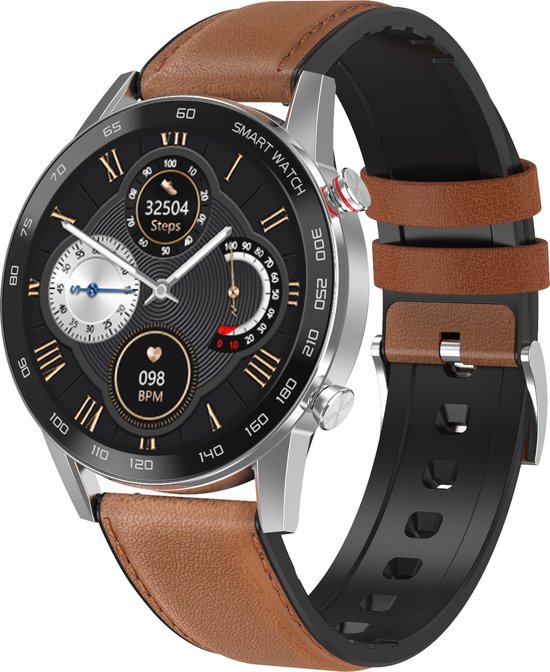 Belesy® ACHILLES - Smartwatch Heren – Smartwatch Dames - Horloge – Stappenteller – Calorieën - Hartslag – Sporten - Kleurenscherm - Full Touch - Bluetooth Bellen – Zilver – Leer - Bruin - Moederdag