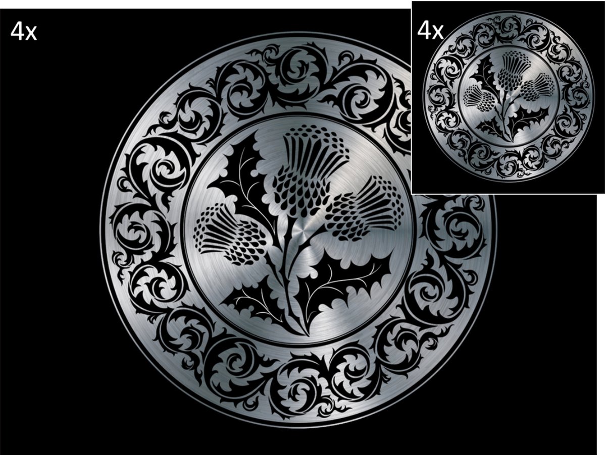 Celtic Tree - Set Placemats en Onderzetters - Distel - Nationaal symbool van Schotland - Zwart - Zilver - Pagan - Heidens - Keltisch - Magisch - Tafel - Tafeldecoratie - Eten - Placemat - Onderzetter