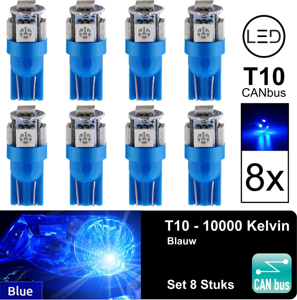 T10 Led Lamp Blauw 10000k (Set 8 stuks) Canbus 5W5 | W5W | 5 LED | Blue | Led Signal Light | 12V | 168 | 194 | 8x | Stadslicht | Kentekenplaat Verlichting | 320 Lumen | 5050 5SMD | 10000 Kelvin | Autolamp | Autolampen | Car licht | Lampen |