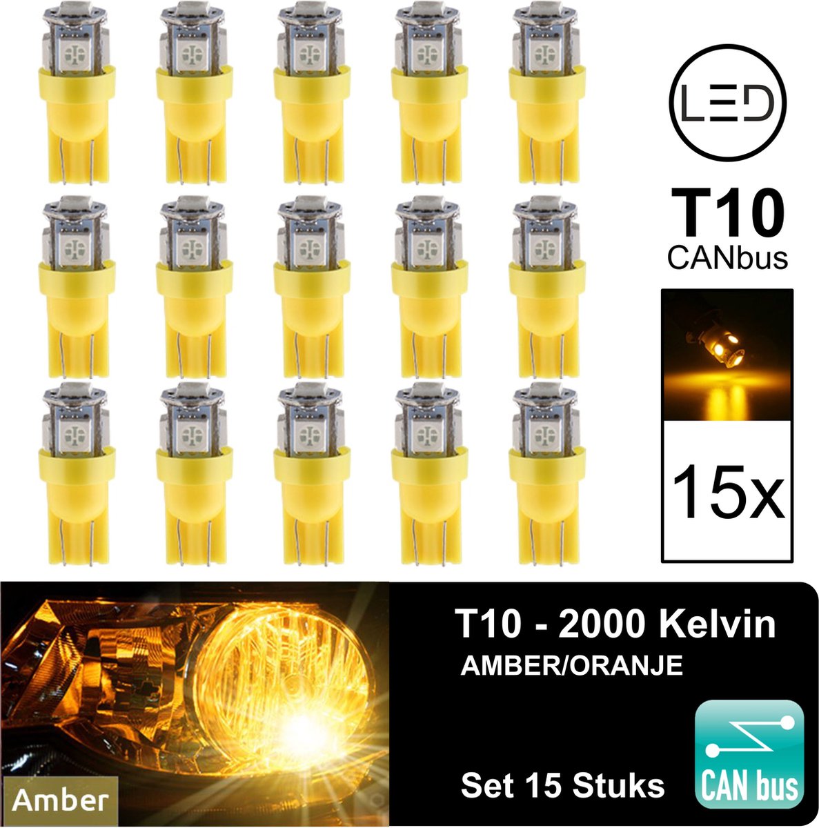 T10 Led Lamp Oranje Amber 2000k (Set 15 stuks) Canbus 5W5, W5W, 5 LED, Orange, Led