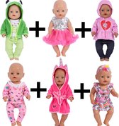 Poppenkleertjes - Geschikt voor Baby Born pop - Set van 6 outfits - 10 kledingstukken - Shirts, broeken, badjas, jurk, badpak, haarband - Grote kledingset voor babypop