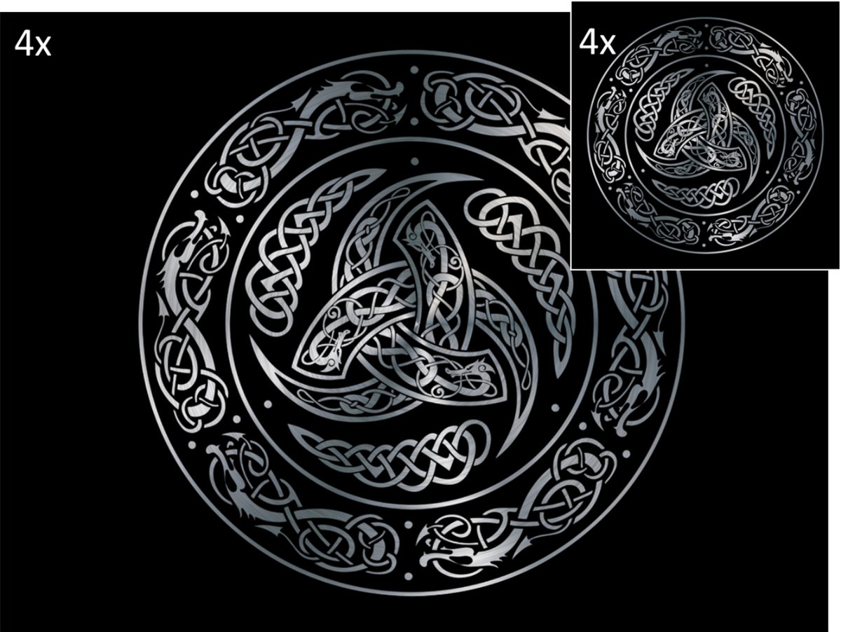 Celtic Tree - Set Placemats en Onderzetters - Drie Hoornen van Odin - Zwart - Zilver - Pagan - Heidens - Keltisch - Magisch - Tafel - Tafeldecoratie - Eten - Placemat - Onderzetter