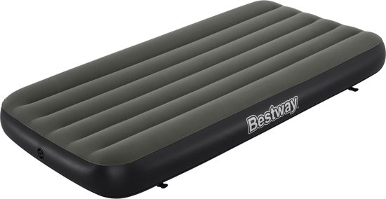 Een donkergrijs Bestway luchtbed met ribbels en het Bestway logo op de zijkant, op een witte achtergrond.