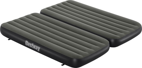 Twee donkergrijze Bestway luchtbedden naast elkaar, met het Bestway logo zichtbaar op de voorkant van één matras.
