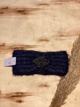 Winter Hoofdband met Glitterstenen - Dames Haarband - Pluche Oorwarmers - Donkerblauw