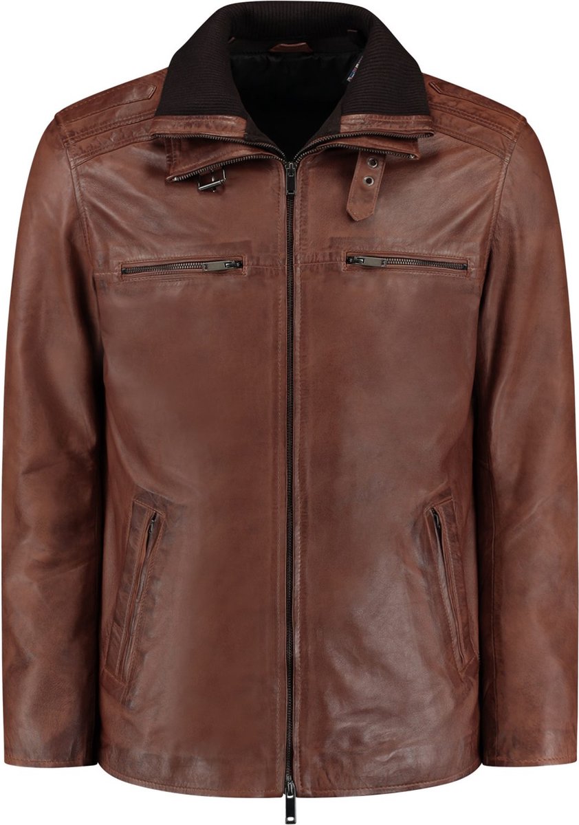 FLEX Leren Parka - Heren Leren Jas in Bruin - Winterjas en Najaarsjas - 2 jassen in 1 - Afneembare shearling binnenkrag - Cognac Bruin - Maat XL : 52 EU