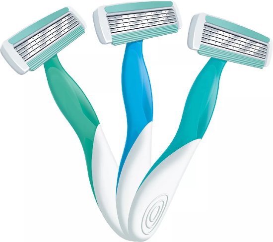 Drie Bic Soleil scheermesjes in groen, blauw en turkoois met witte handvatten.