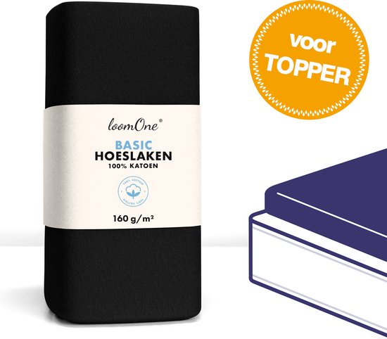 Loom One Hoeslaken Topper – 100% Jersey Katoen – 180x200 cm – tot 12cm matrasdikte– 160 g/m² – Zwart - Loom One