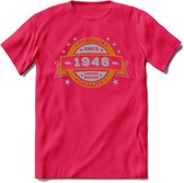 Premium Since 1946 T-Shirt | Goud - Zilver | Grappig Verjaardag Kleding Cadeau Shirt | Dames - Heren - Unisex Tshirt | - Roze - XXL