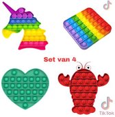 ESSENTIALS73 Fidget Pop It Set van 4: Unicorn Rainbow + Kreeft + Hart + Vierkant - Tiktok