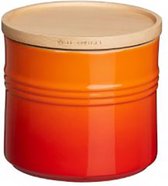 Le Creuset 2 aardewerken voorraadpotten met houten deksel Oranjerood 14cm 1,4l