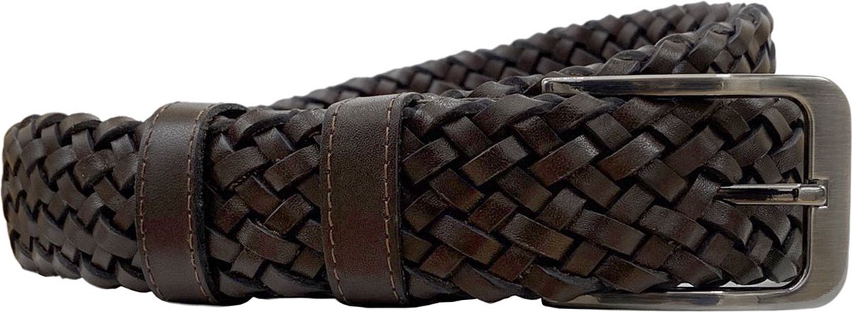 Riem - Gevlochten Leer - 3.5 cm - Donkerbruin Leren Riem - 115 cm (Taille maat 95 cm)