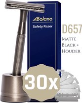 Bolano® Safety Razor Set Mat Zwart + 30 Double Edge Scheermesjes + Houder - Klassiek Scheermes voor Mannen en Vrouwen - D657