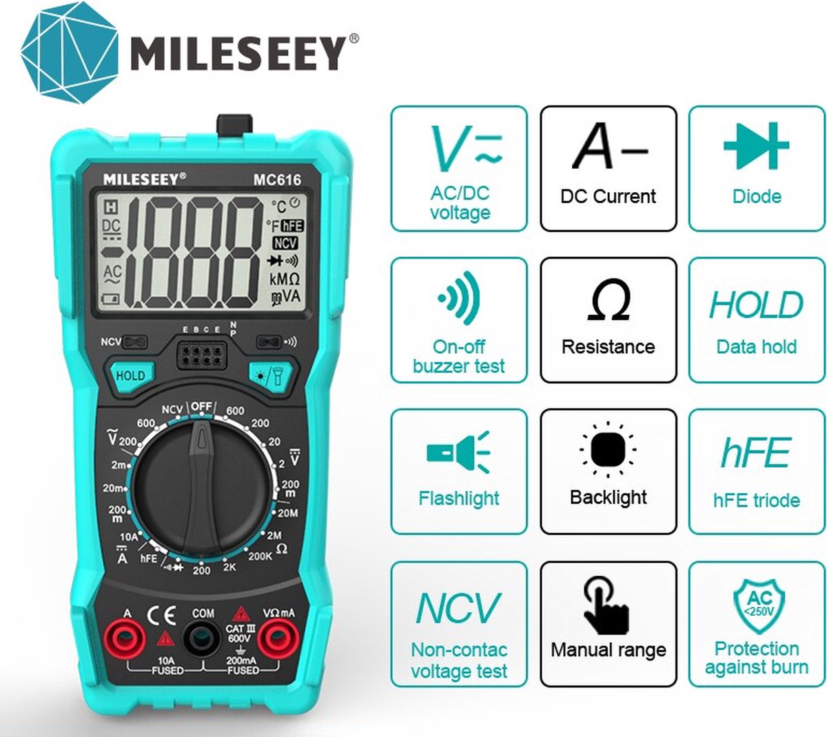 Mileseey NCV Digitale Multimeter | Auto Variërend AC/DC Spanningsmeter | Multimeter | Spanningsmeter | Meter | Display | Blauw