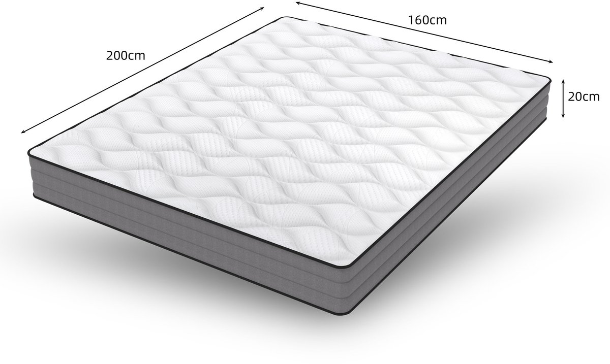 Pocketveringmatras 160x200 cm – 7 zones en H3 – 20 cm dik met traagschuim en Lyocell hoes – Wit/Grijs