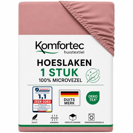 Roze hoeslaken verpakking. 1 stuk, 100% microvezel. Zacht, ademend, perfecte pasvorm, onderhoudsvriendelijk. Duits merk, OEKO-TEX.
