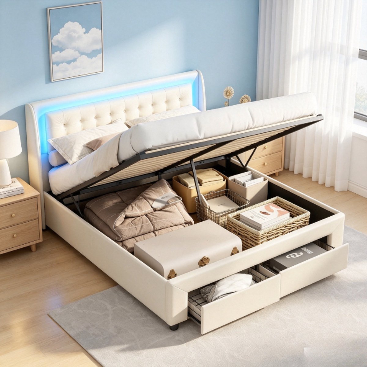 2 persoonsbed 180x200 cm met led verlichting, tweepersoonsbed met opbergruimte en 2 laden, gestoffeerd fluwelen bedframe, beige bed voor volwassenen, zonder matras