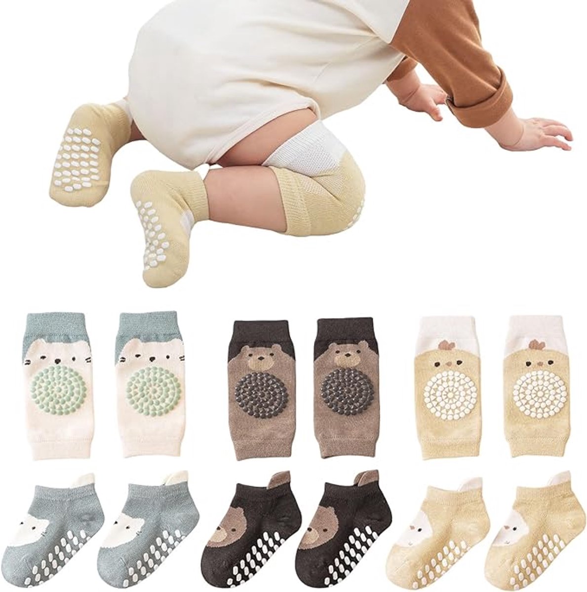 Baby Kniebeschermers - Elastische kniebeschermers - Babysokken met Grip – Baby Kruipsokken - Antislip - Zachte Kniebescherming - voor baby's, peuters, kinderen, jongens, meisjes - 3 paar - 0-12 maanden - S