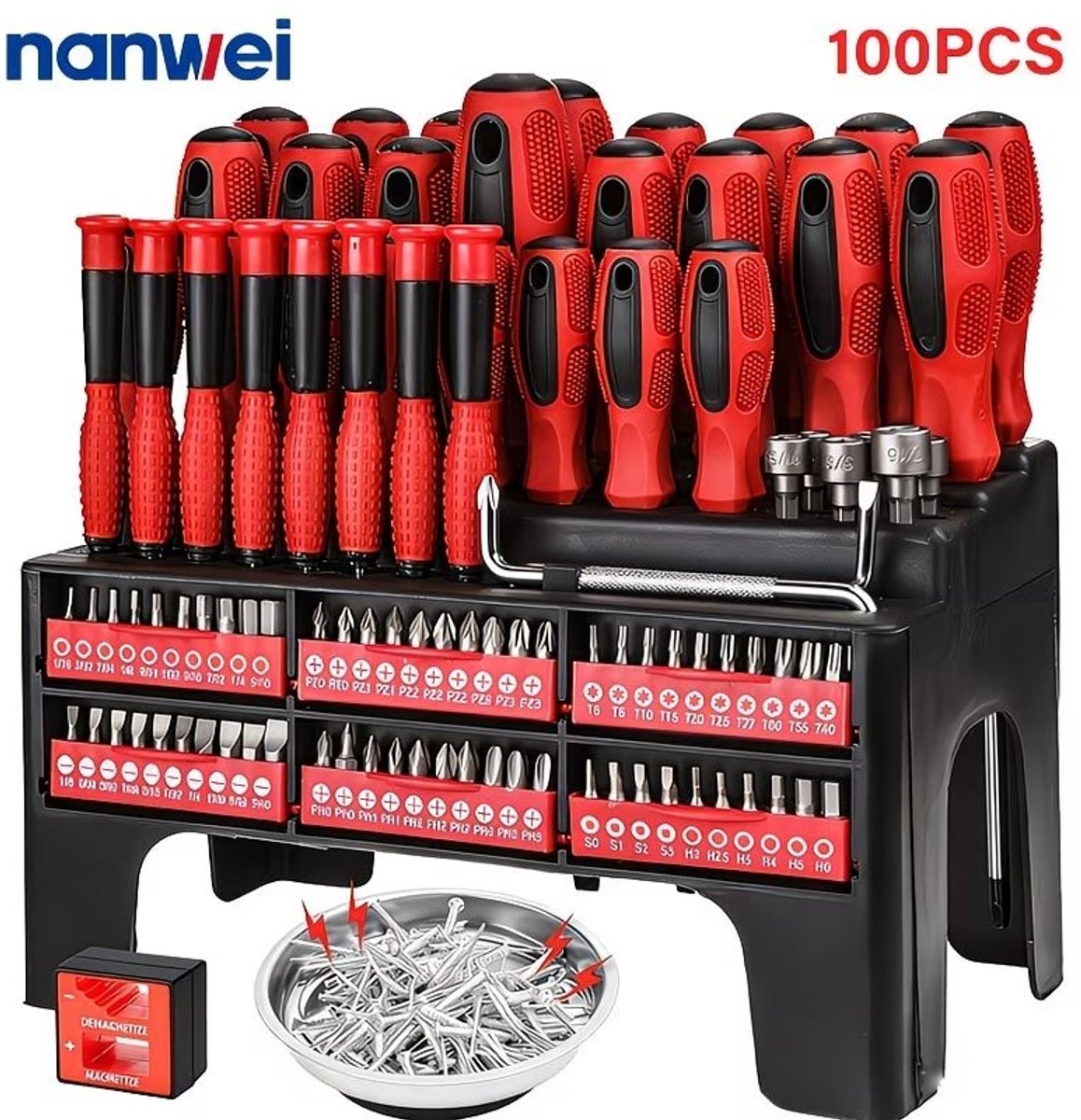 Magnetische Schroevendraaierset met Opbergrek - 100-delig - SAE & Metrische Inbussleutels - Precisieschroevendraaiers - Magnetiseer/Demagnetiseer.