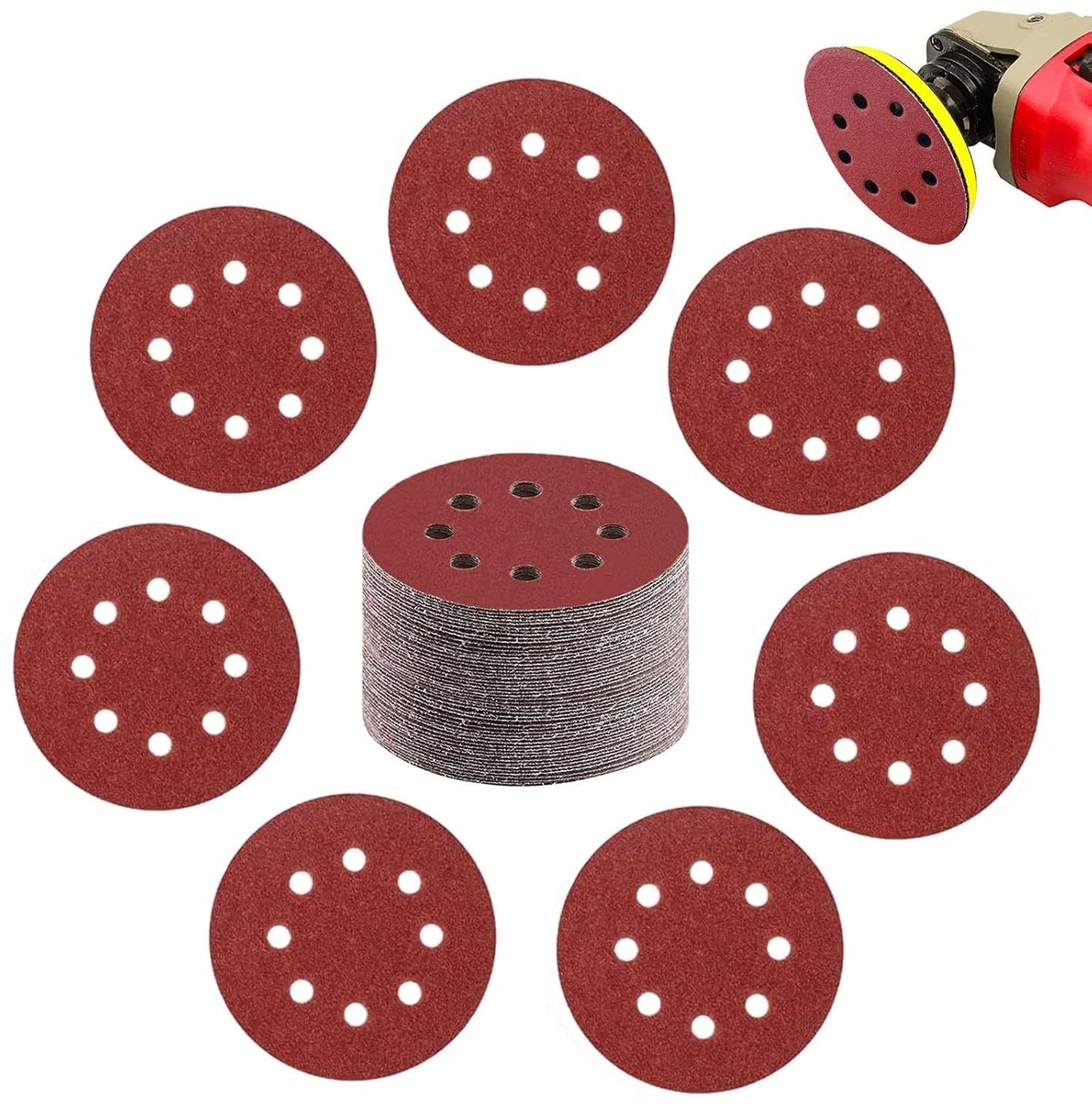 Ronde schuurvellen met klittenband, 125 mm, 100 stuks, korrelgrootte P40, geschikt voor hout en metaal, excentrische schuurmachine, 8 gaten