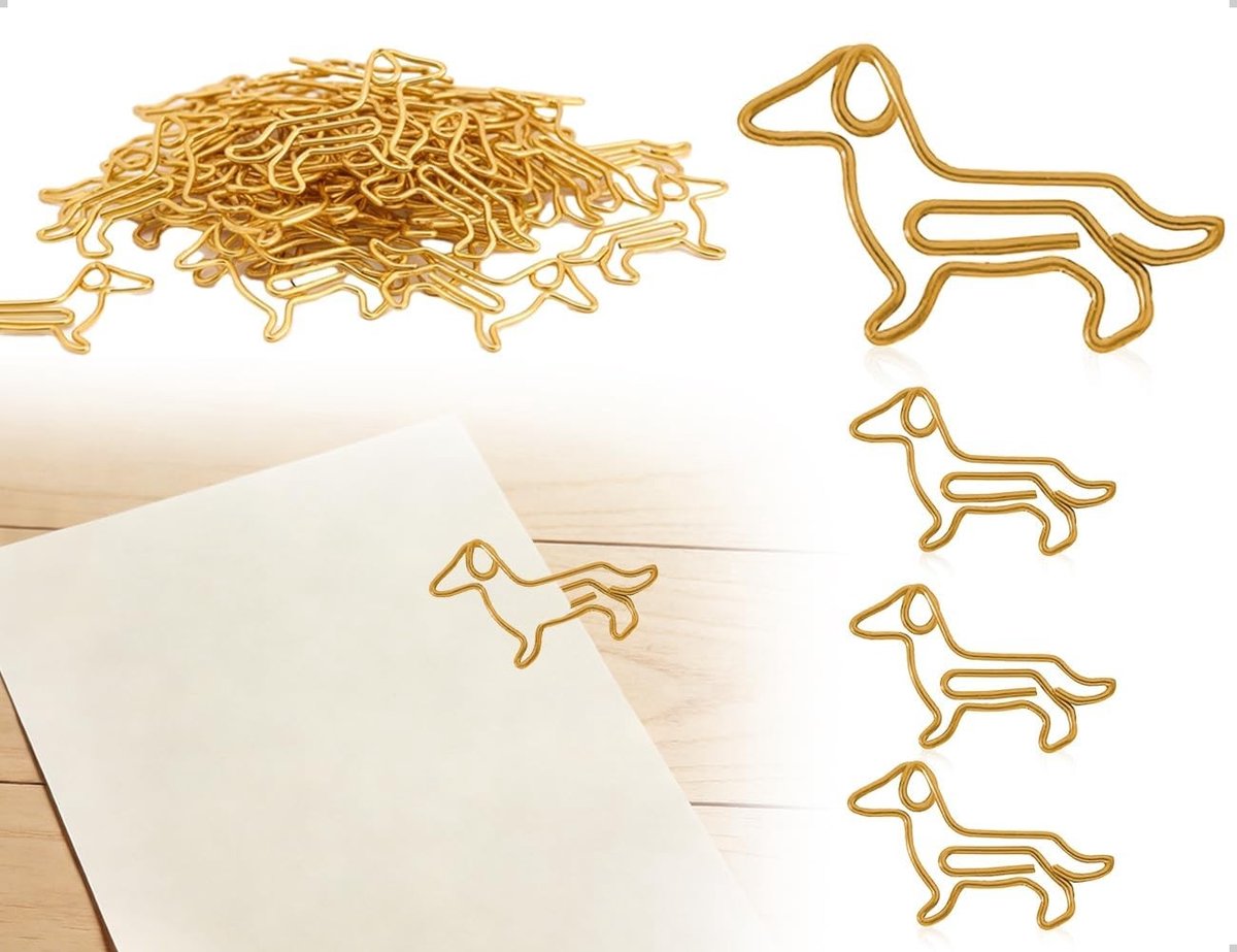 Kleine schattige paperclips in hondenvorm, teckel-motief voor kantoor, bladwijzers en notitieboeken - 50 stuks in goudkleur