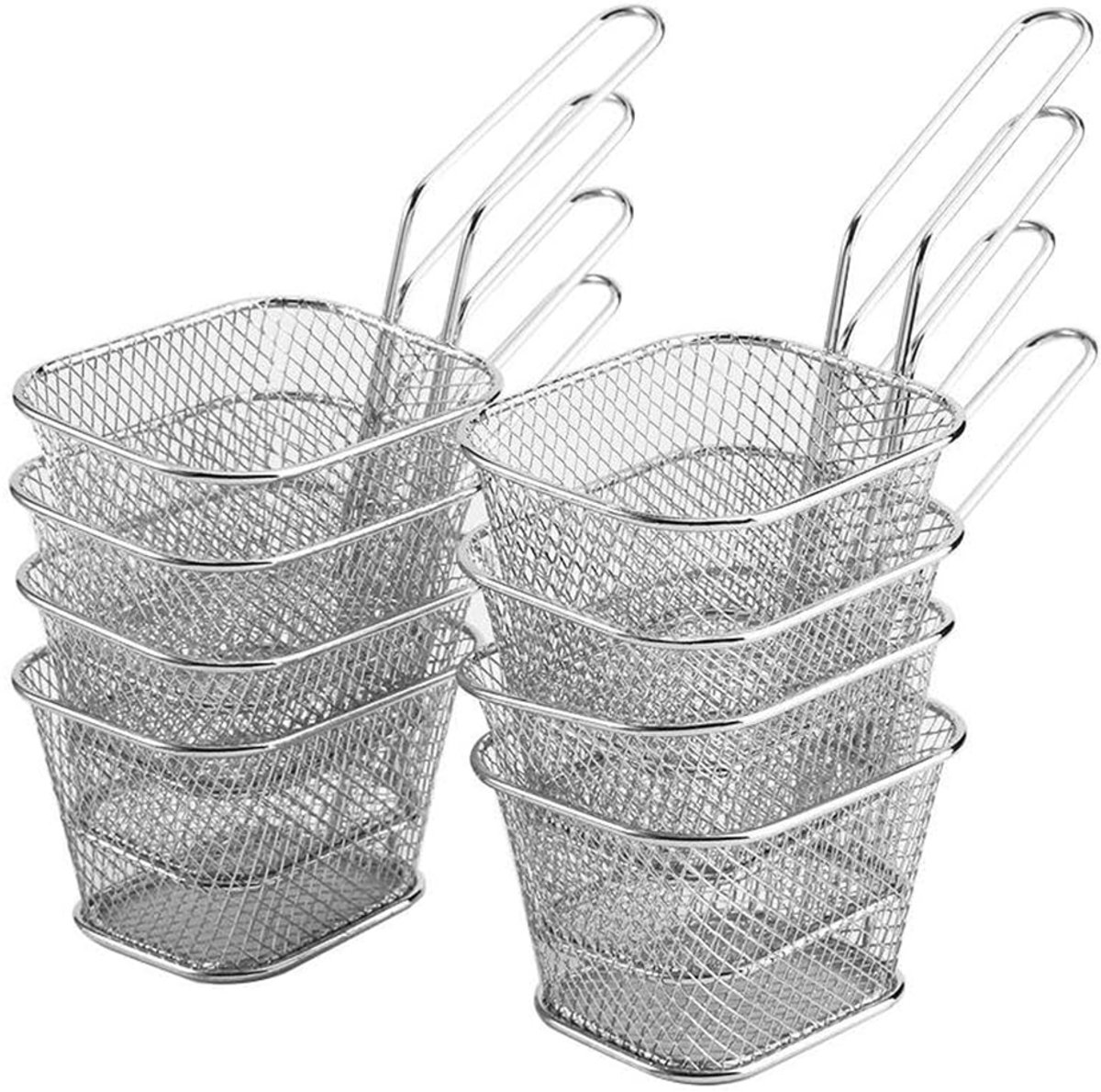 Frituurmandje - Set van 8 - Snackmandje - Dessertfrituurmandje - Frituurmandje - Mini-frituurmandje met zeef - Frituurmandje - Roestvrij staal - Vierkant - Zilver
