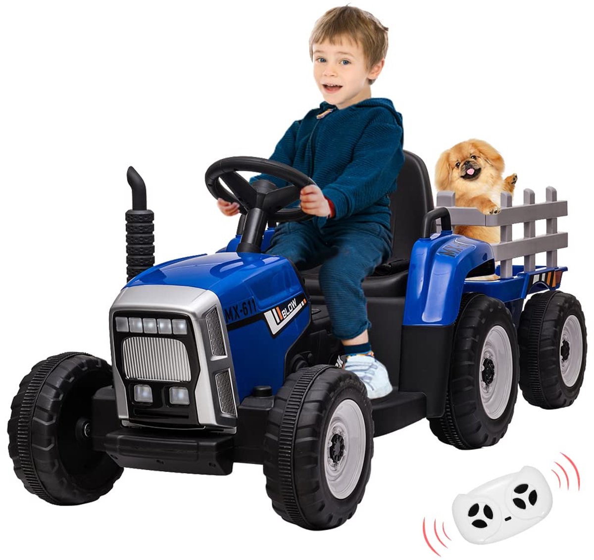 Triumpunpre - Elektrische kindertractor 12V met afneembare aanhanger - afstandsbediening - Bluetooth - LED-verlichting - geschikt vanaf 3 jaar - Blauw