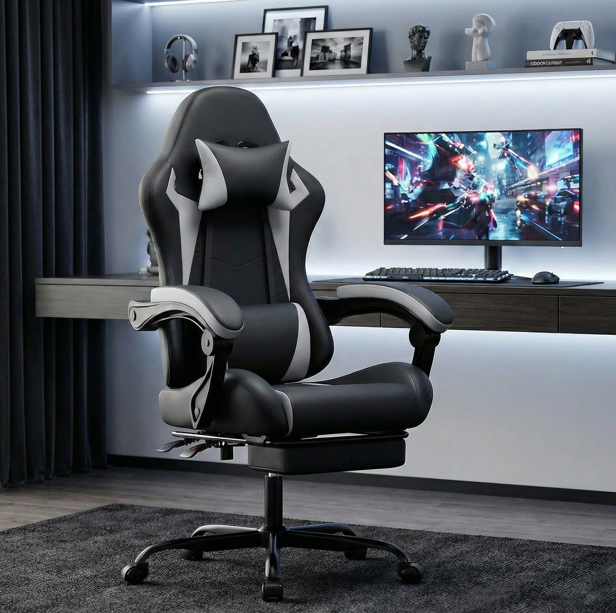 FloraGrace Gamingstoel – Ergonomisch Met Hoofdsteun En Lendenkussen – Verstelbaar En Kantelbaar – Voor Volwassenen – PVC – Zwart Wit