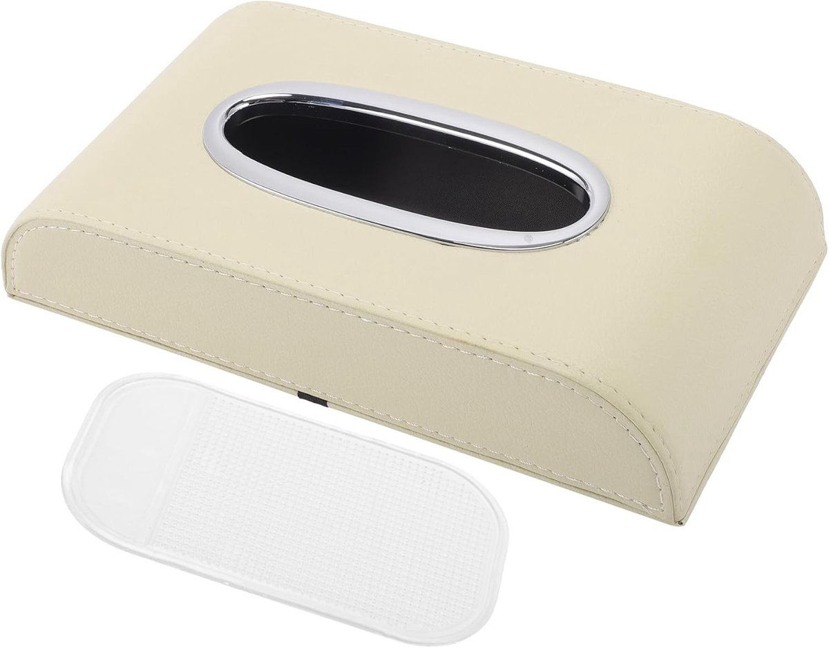 Auto Tissue Houder met Anti-slip Mat en Stalen Ring - Organizer voor Auto met PU Bekleding, Beige 9.45"x5.9" - 1 Stuk, Perfect voor Tissue en Accessoires