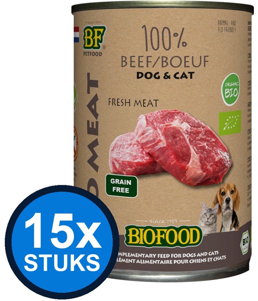 BF Petfood Biofood - Organic hond&kat 100% rundvlees blik 400gr - Hondenvoer Natvoer - 400 g
