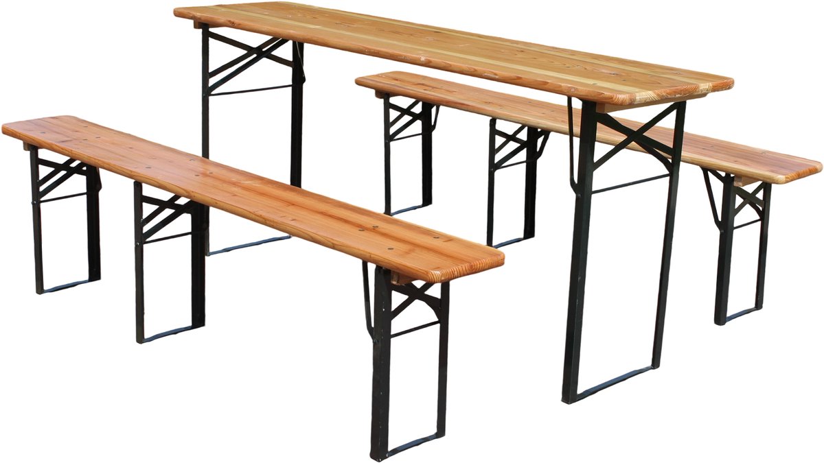 FloraGrace Tuinset - Opvouwbare Biertafelset Met 2 Banken - Voor Tuin, Camping En Picknick - Hout En Metaal - 177x46x78 Cm - Naturel