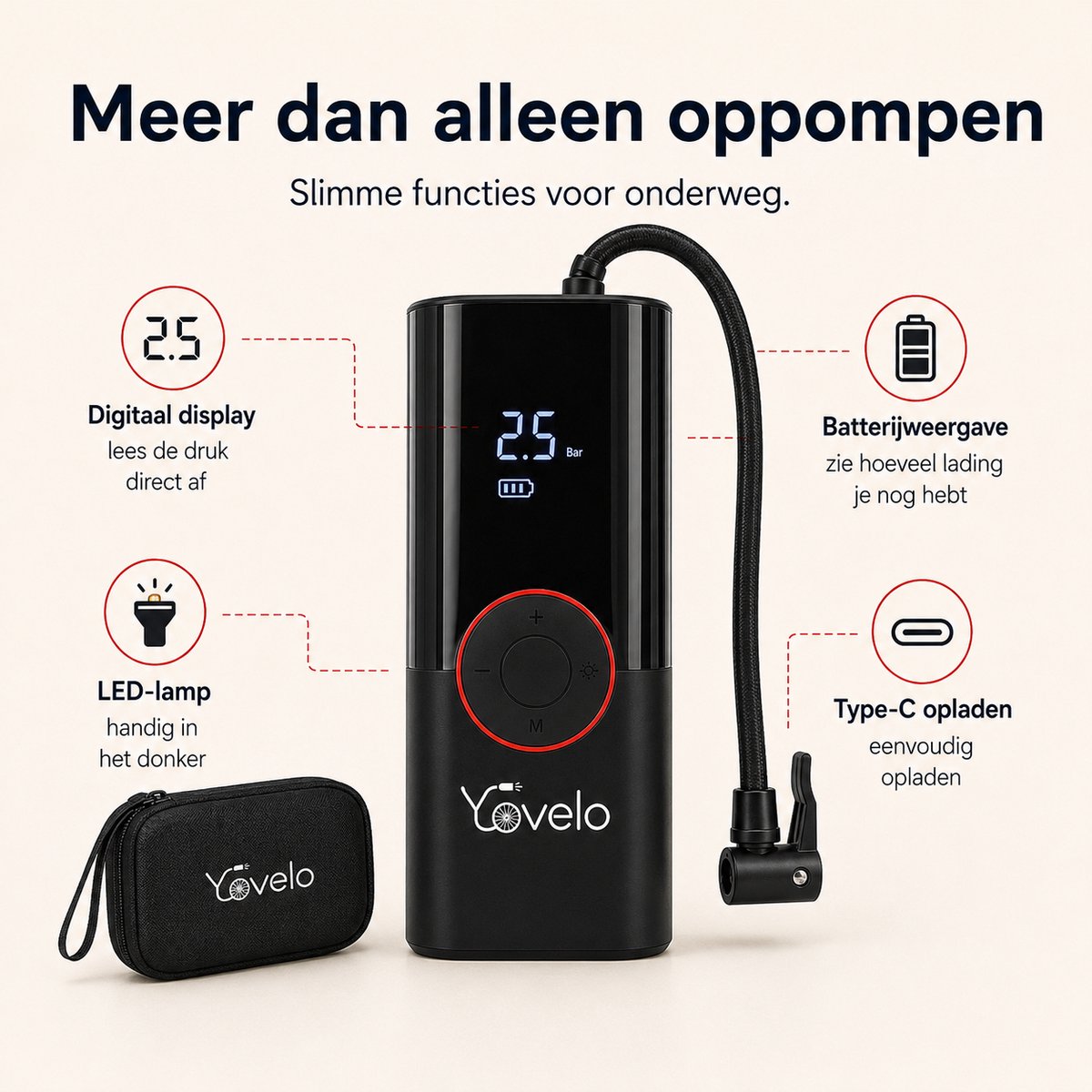 Yovelo® Elektrische Fietspomp & Bandenpomp Auto – Draagbare Mini Compressor 150 PSI – Draadloos Oplaadbaar USB-C – Digitale Drukmeter met Auto Stop – incl. 5 Opzetstukken & Opbergtas thumbnail 2