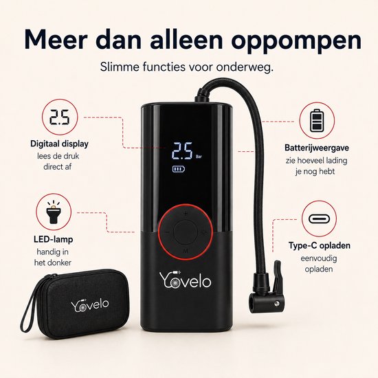 Yovelo - Elektrische Fietspomp - Incl. Opbergtas en 5 Opzetstukken - Luchtcompressor - Voor Fiets, Scooter, Motor en Auto - Elektrische Bandenpomp - Oplaadbaar & Draagbaar - Tot 10.3 Bar - Incl. Powerbank en Lamp met 3 Standen - Voor Noodpakket — afbeelding 2