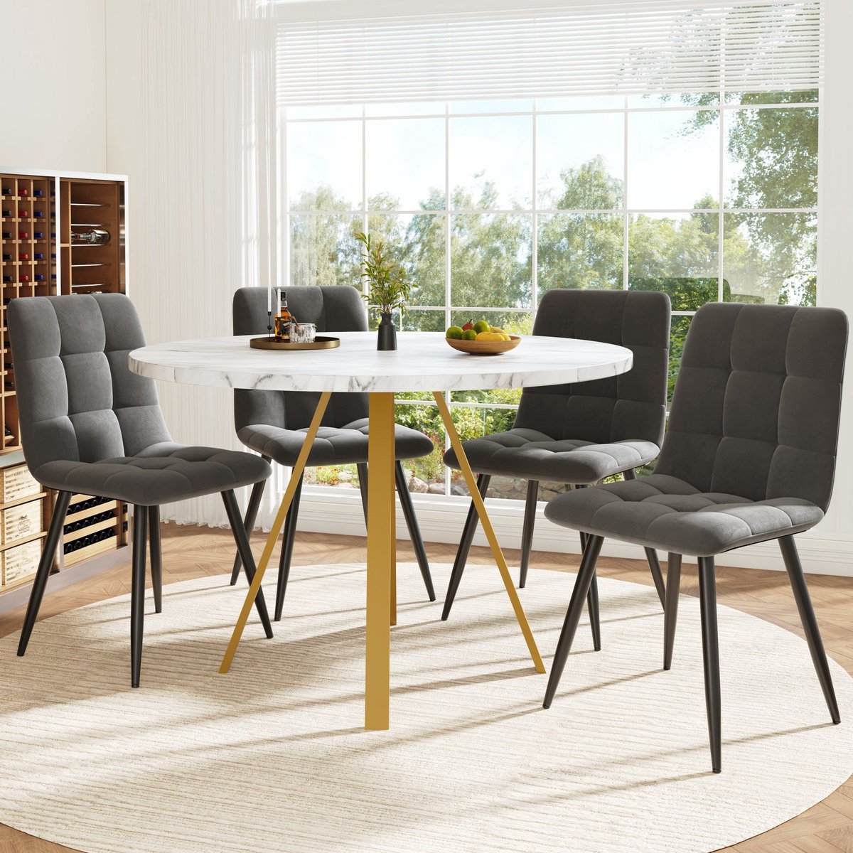 DESMIU Eetkamerset 80 x 80 x 75 cm - Ronde Eettafel Met 4 Fluwelen Stoelen - Voor Eetkamer En Keuken - MDF, Metaal - Wit Goud Grijs