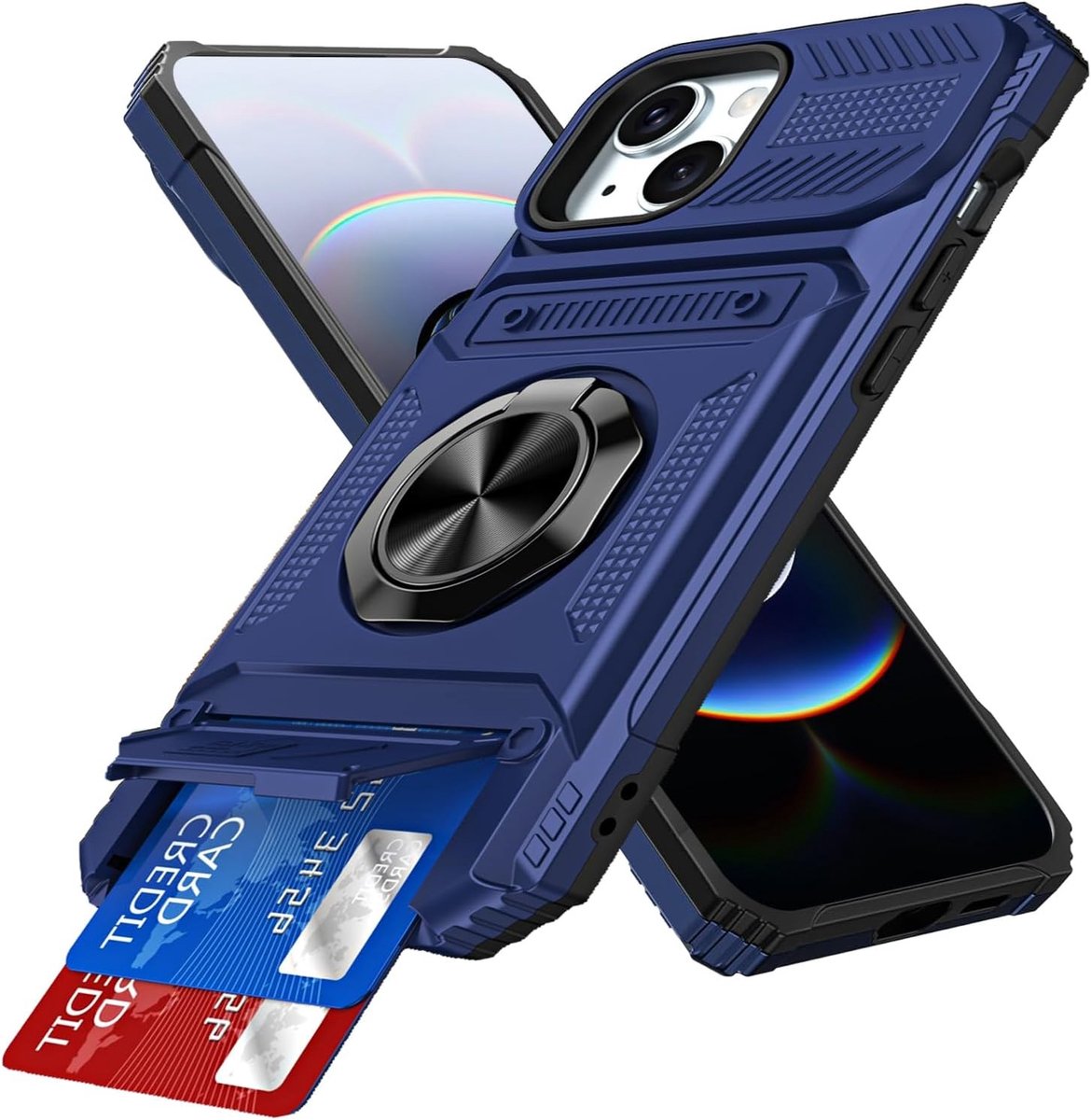 Case voor iPhone 13 met Kaartsleuf en Ring Kickstand - Schokbestendige Rugged Hard Shell Bescherming in Blauw
