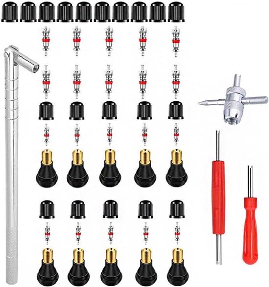 Bandenventiel Trekker Gereedschap Set met 10 stuks - TR412 Ventielstelen - Dubbele Enkelkop Ventielkern Verwijderaar - 4-Weg Ventiel Gereedschap - Geschikt voor Auto's en Fietsen - Zwart/Rood Model