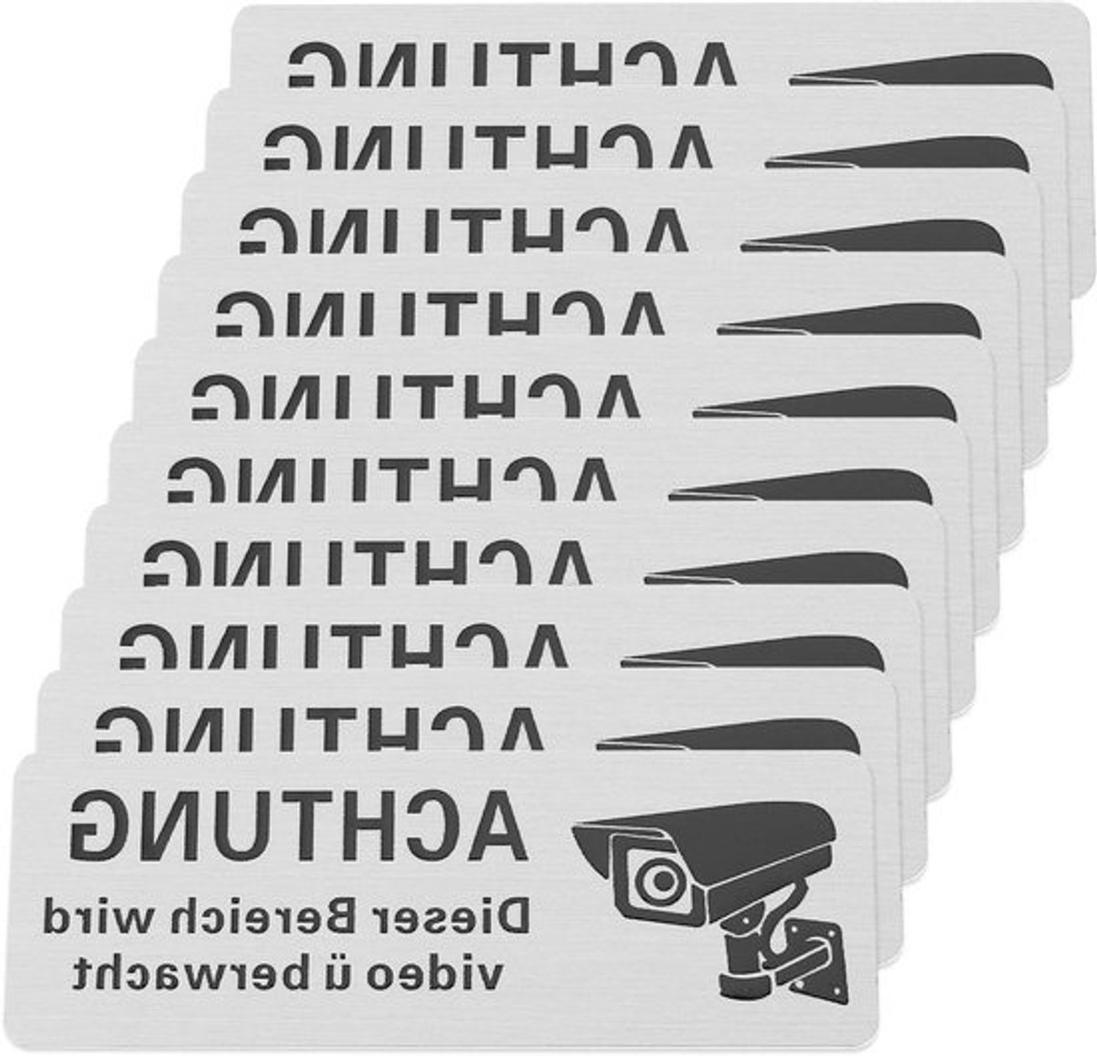 Beveiligingssticker - Waarschuwingsbord - Zelfklevend - 10 stuks - 8,5 x 3 cm - Aluminium - Video-bewaking - Sticker - Geschikt voor binnen en buiten - Zilverkleurig "Let op: Dit gebied wordt bewaakt"