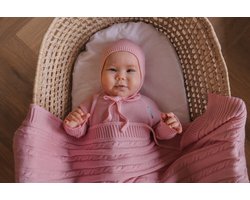 Deken en muts van merino wol - visgraat - Roze - 3-6 maanden - 75x95 cm