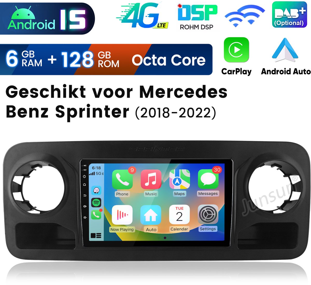 Junsun Android 15 Autoradio Geschikt VoorMercedes Benz Sprinter W907 W910 2018-22 - Draadloze CarPlay & Andriod Auto - GPS-navigatiesysteem - Bluetooth - Stuurwielbediening - WiFi - 10-inch Touchscreen - 6GB+128GB - DSP - 4G - Octa-core processor