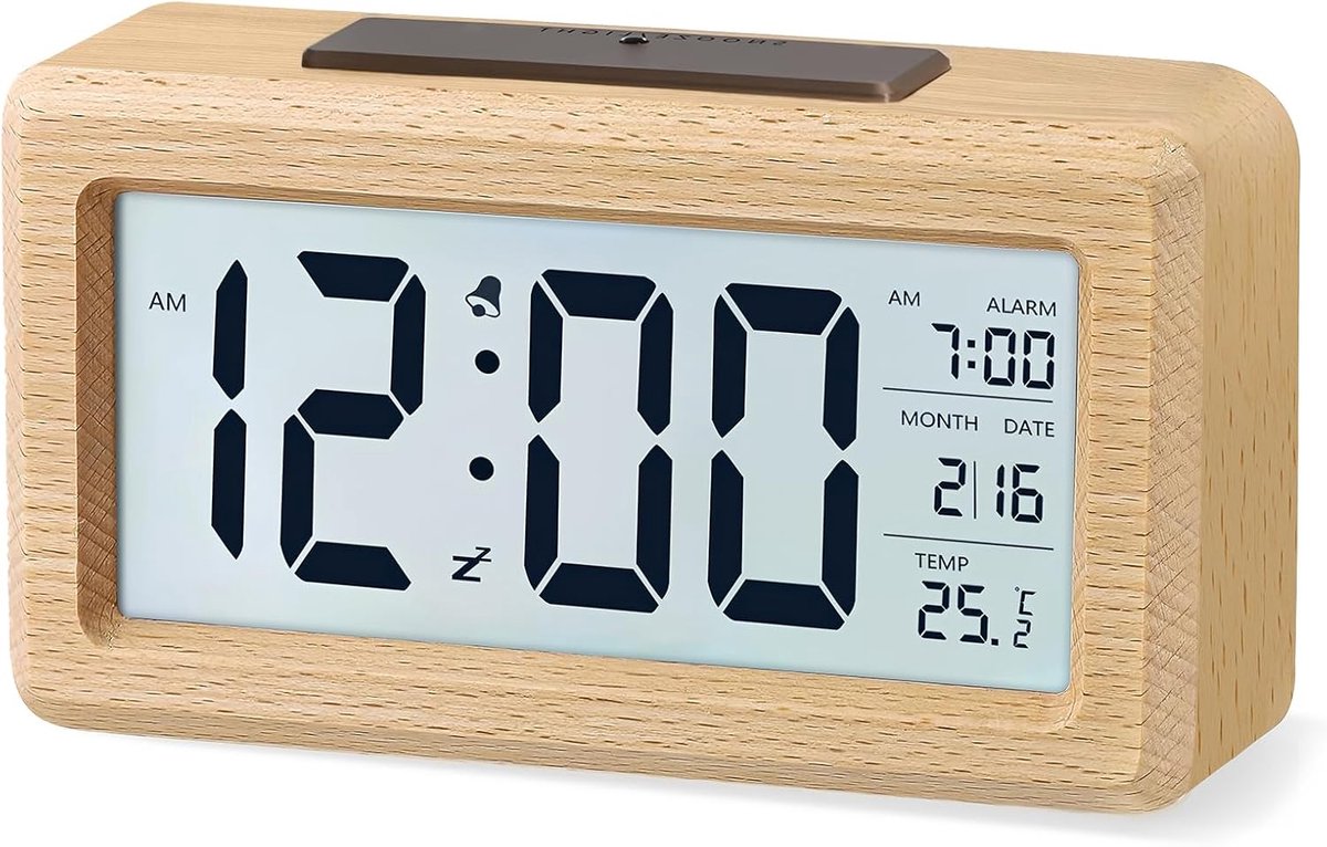 Digitale Wekker van Hout - Houten Wekker met LCD Display en Temperatuur - Stille Digitale Klok met Snooze Functie - Werkt op Batterijen - Retro Design voor Slaapkamer en Kantoor