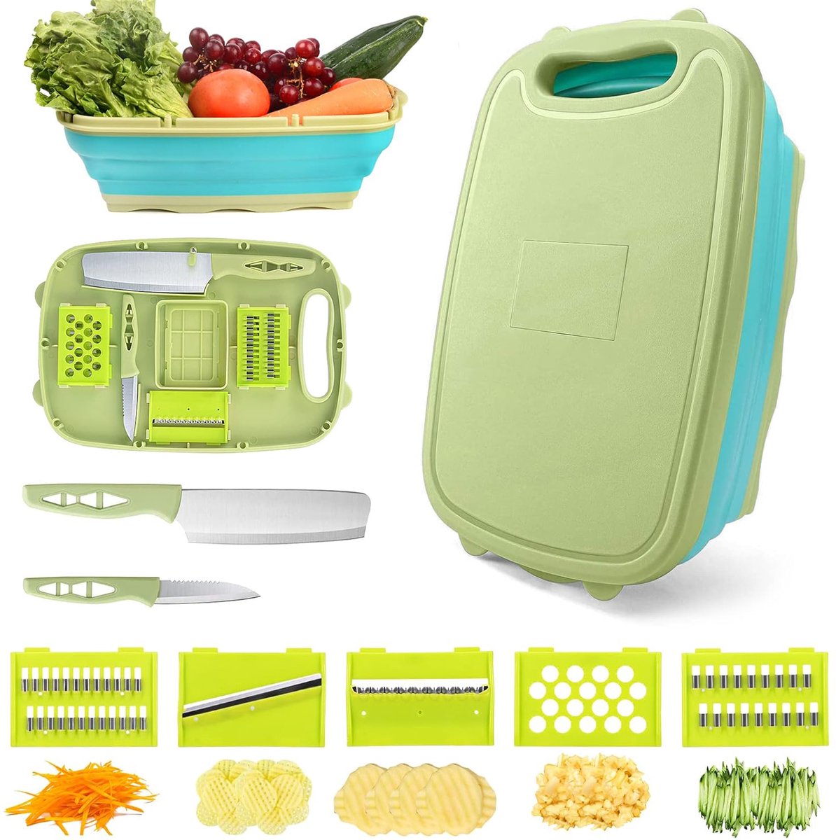 Multifunctionele Snijplank - 9-In-1 Snijplank - Opvouwbare Keukensnijplank - 5 Messen En 2 Bladen - Groentewasmand - Snijplank Voor Op De Camping