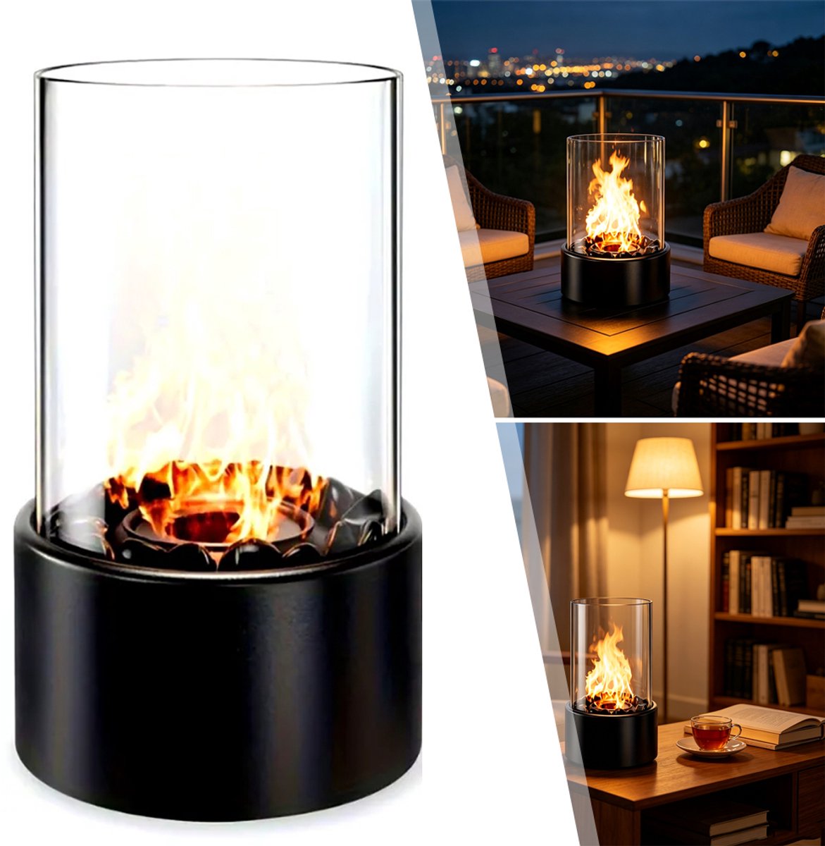 Mini Vuurplaats - Tafelfornuis - Metalen En Glazen Open Haard - Vuurkom Pot - Voor Binnen En Buiten Tuin Terras Of Patio