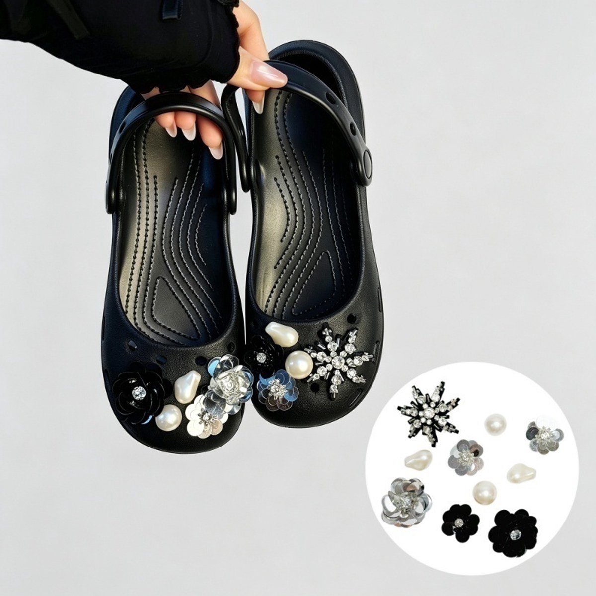 Schoenaccessoires-geschikt voor crocs charms- geschikt voor crocs pins- geschikt voor crocs Accessoires- geschikt voor Crocs Jibbitz-CJ-403 Zwart-zilver Glimmering Camellia