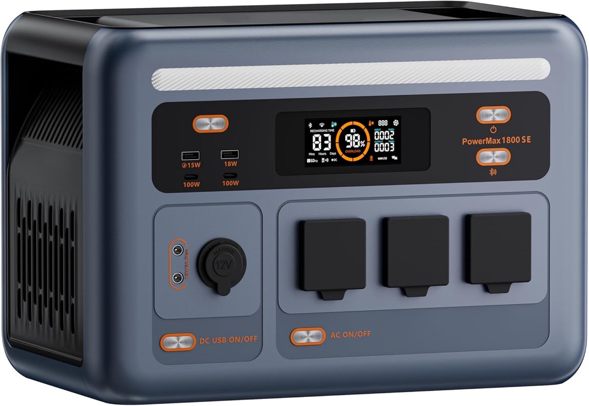 OSCAL PowerMax 1800SE - Draagbare Powerstation - 1024Wh LiFePO4 Accu - 1800W Solargenerator - 2x 100W USB-C Snelladen - Noodstroom voor Camping, Camper en Thuis