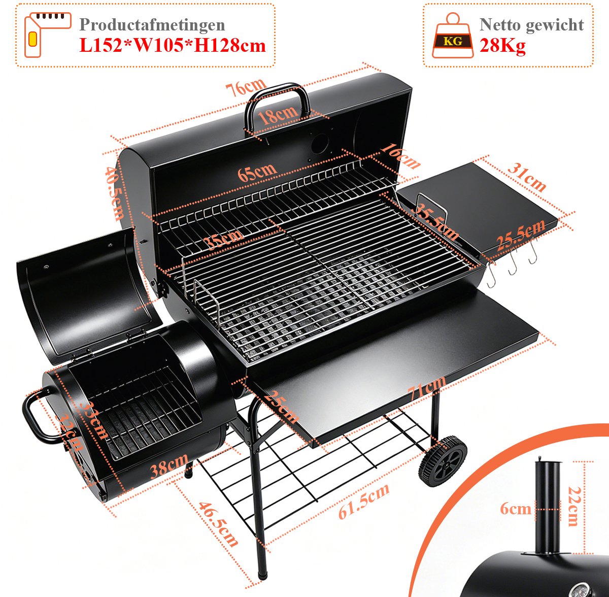 Houtskool BBQ XXL - Houtskool Grill met Offset Smoker - BBQ-grill met Zijtafel - Buiten Koken - Kamperen en Picknicken in de Tuin - Terras en Feestjes - Smoker Barbecue Zwart thumbnail 2