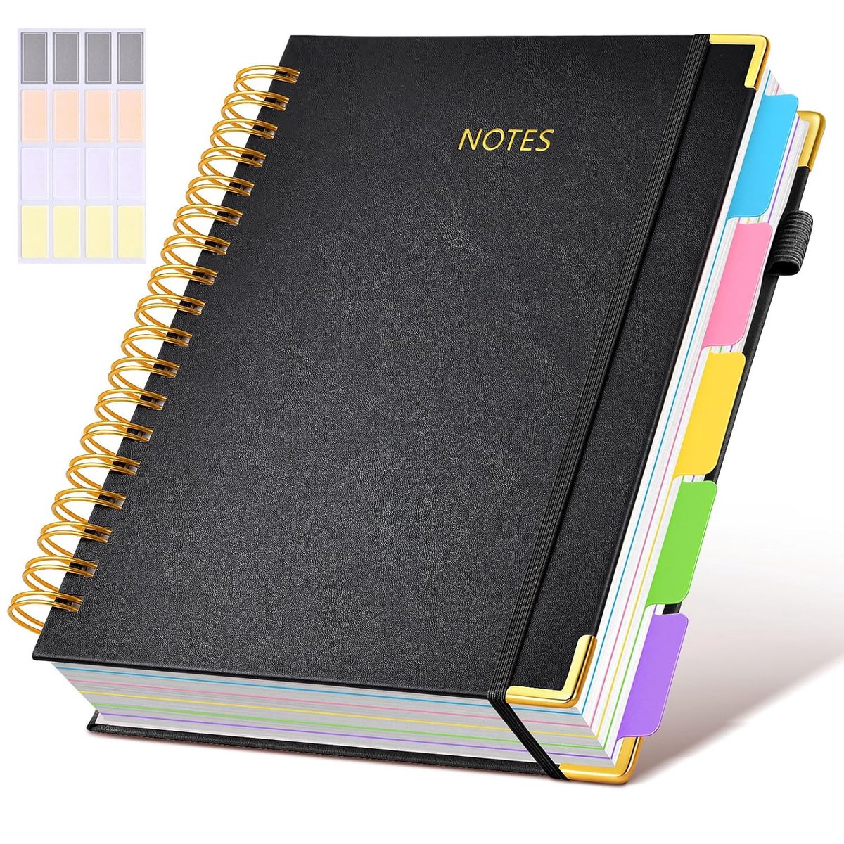 LISM-Spiraalgebonden notitieboek met harde kaft, 15,7 x 20,8 cm, met etiketten en uitneembare tussenschotten, 300 pagina's, 5 onderwerpen, (zwart)