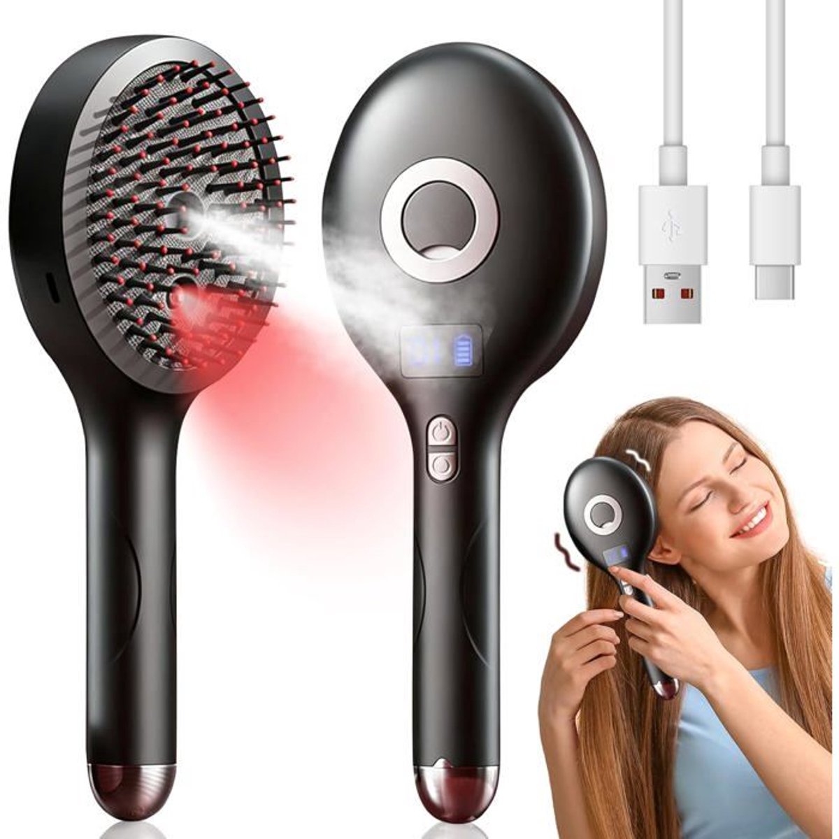 LISM-Gladde stoomkam, 3-in-1 elektrische hoofdmassageapparaat, 4 massagestanden, met sproeier, zwart